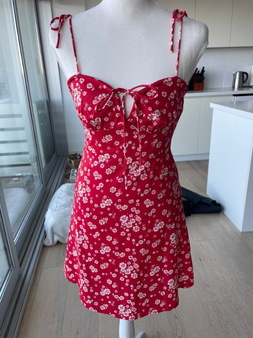 White Fox Boutique Red Floral Adjustable Spaghetti Strap Dress (XS) - Picture 3 of 8